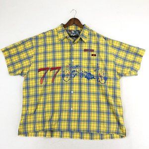 Bugle Boy Men's Size 3X** Yellow Blue Plaid Print Short Sleeve Button Up Shirt